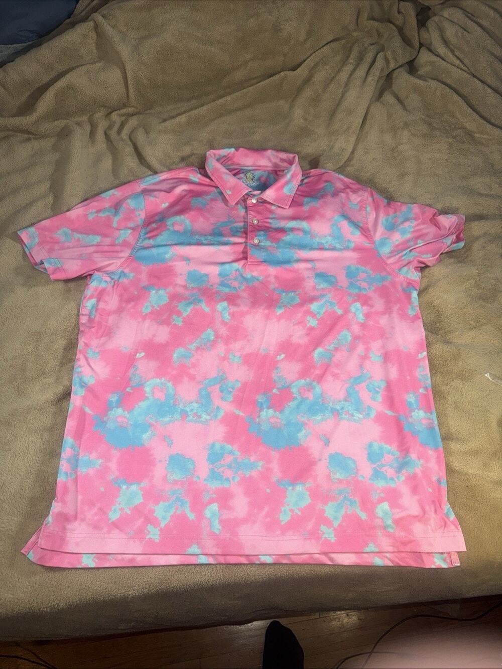 Chubbies Men's Pink Blue Tie Dye Print Short Sleeve Golf Polo Shirt XL‎ Collared